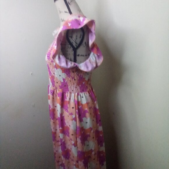 Michelle McDowell Dress Women M ? Short Ruffle Sleeve Smocked Floral Pink Orange - Picture 9 of 16